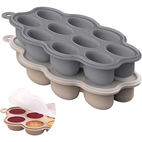 Silicone Baby Food Freezer Tray 2Pack Perfect Food Storage Containers for Homemade Baby Food, Fruit Purees, Breastmilk, Vegetable (Grey + Tan)