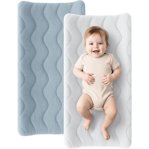 Konssy Waterproof Muslin Changing Pad Cover 2 Pack, 100% Cotton Quilted Diaper Changing Table Sheets, Soft Breathable Boho Nursery Bedding for Baby, Silent & Absorbent Standard Fit (Blue,Grey)