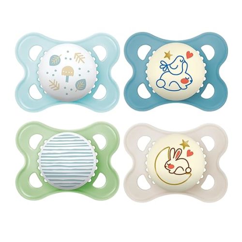MAM Original Baby Pacifiers 0-6 Months, Binky for Newborn Babies, BPA-Free Skin Soft Silicone Nipple, Glows in The Dark, Developed with Medical Experts, 4 Count, Sterilizer Case, Made in Europe