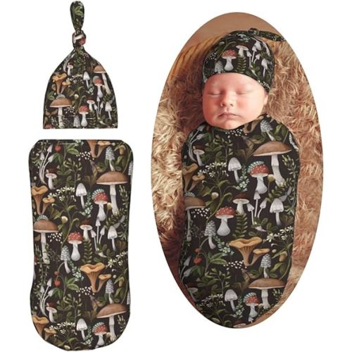 Mushroom Leaves Newborn Swaddle Blankets Hat Sets Soft Baby Receiving Blanket Swaddle Sack for Baby Shower Infant Boy Girl Gift