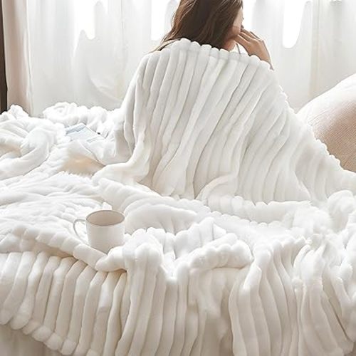 Bedsure GentleSoft Blankets Queen Size for Bed - Cozy Soft Blankets for Women, Cute Large Bedding Fleece Throws for Girls, Off White, 90x90 Inches