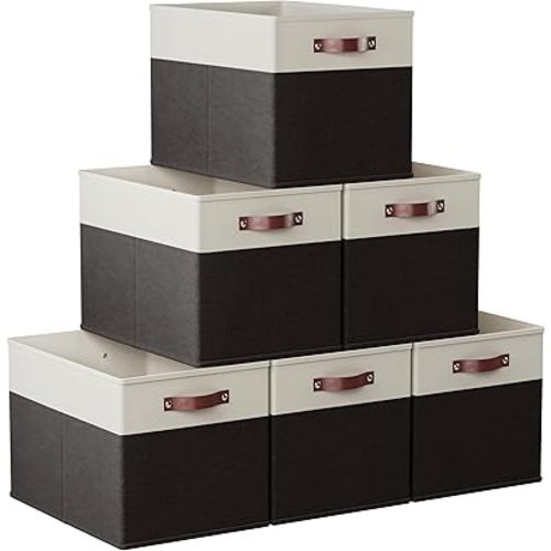 Ornavo Home 13x15x13 Foldable Fabric Storage Cube Bins, 6 Pack, White/Black