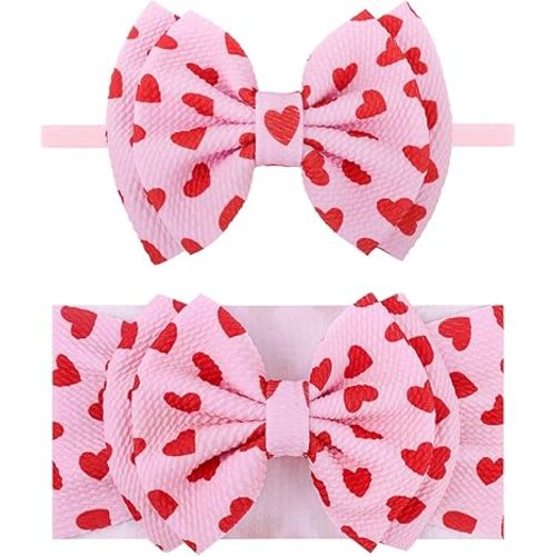 YanJie HAIRBAND 2 Pack - Valentines Design, Red Heart Handmade Headbands for Girls Infants Toddlers, Soft Comfortable Nylon Hairbands Accessories, Cute Baby Dress Up Gift
