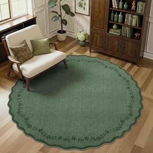 GarveeHome Large Round Rug 8ft Scalloped Washable Circle Living Room Rug