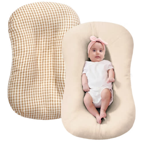 FUNUPUP Muslin Baby Lounger Cover Compatible with Snuggle Me Lounger, Infant Pillow Cover for Newborn, Removable Nest Slipcover for Boys and Girls, Only Cover, Beige and Plaid