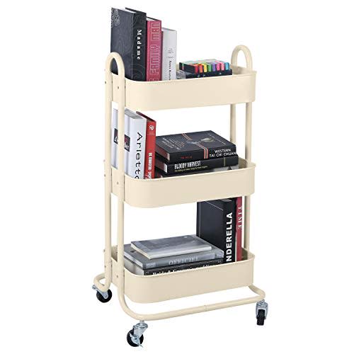 Melody House 3-Tier Metal Mesh Utility Rolling Cart Storage Organization Cart with Wheels, Beige