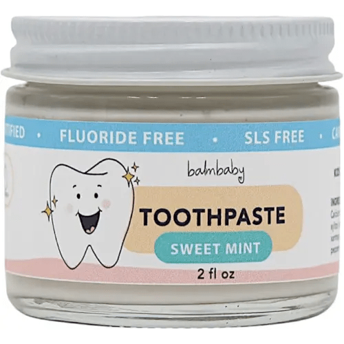 BALM! Baby Kids All Natural Fluoride Free Toothpaste with Xylitol, SLS Free, Vegan, Gluten Free, BPA Free, Zero Waste, Mint, 2 fl oz