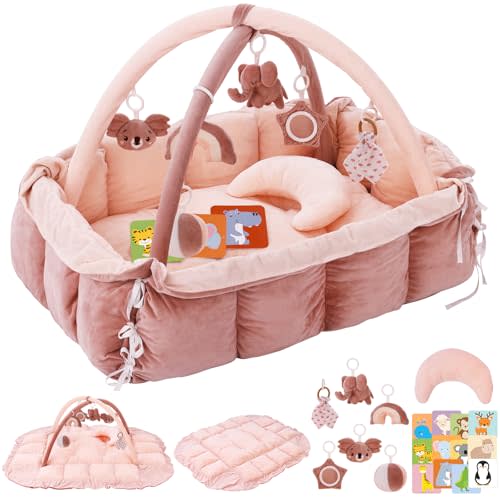 5-in-1 Plush Baby Play Gym & Activity Mat, Baby Play Mats, Baby Gym with Convertible Design, Tummy Time Mat with Cushion, 6 Sensory Toys for Newborn to Toddler, Pink