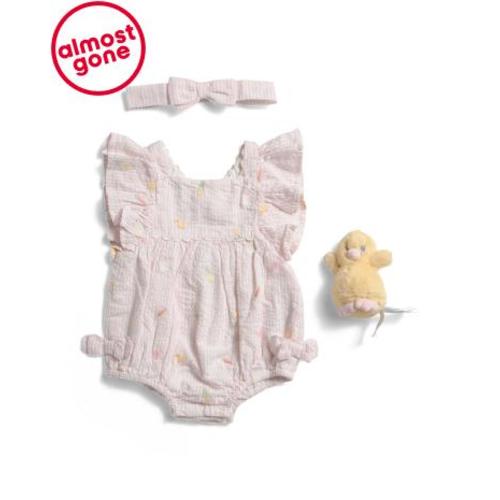Newborn Girls 3pc Seersucker Bodysuit Chick And Lovey Headband Set | Clearance On Clearance | TJ Maxx