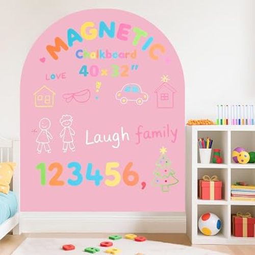 Magnetic Wall Decal for Kids 40x32 Inch Self Adhesive Magnet Arch Chalkboard for Wall Pink Chalkboard Contact Paper Peel and Stick with Letters and Color Chalk for School Playroom