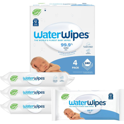 WaterWipes Plastic-Free Original Baby Wipes, 99.9% Water Based Wipes, Unscented & Hypoallergenic for Sensitive Skin, 240 Count (4 packs), Packaging May Vary
