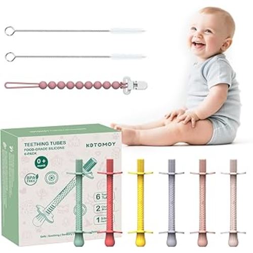 Baby Teething Toys 3-6 months, 6 Pack Silicone Teething Tubes for Babies 6-12 Months, Non-Choking Stick Teethers Chew Straws for Infants & Toddlers Teething Relief (Rose Pink Lavender Mint Yellow Red)