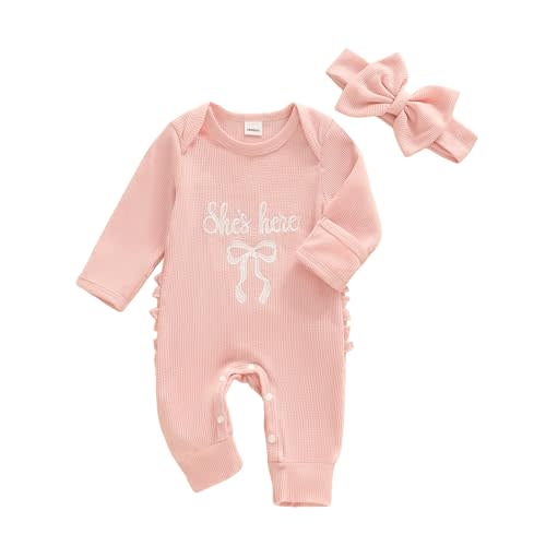 Baby Girls Clothes She Is Here Embroidery Romper Bow Waffle Knit Ruffled Newborn Infant Winter Fall Outfit with Headband