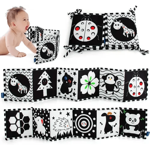 Cawgug Black and White Books High Contrast Baby Toys 0-6 Months Baby Soft Book for Early Education Infant Tummy Time Toys Infant Sensory Toys 6-12 Months Montessori Activities Cloth Book for Babies