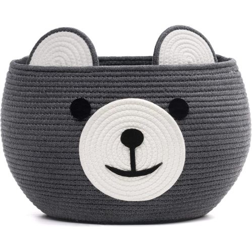 CherryNow Cotton Rope Baby Cute Storage Basket for Organizing, Toy Woven Rope Bear Basket for Kids, Empty Gift Baskets with Handles, Grey, 15.7" D x 10.5" H