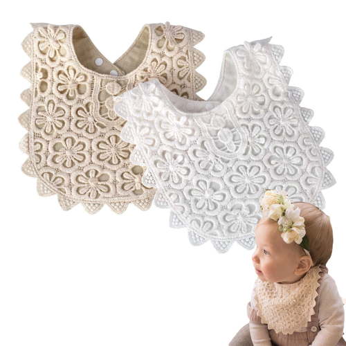 "EIMELI 2-Pack Baby Bibs LIVEBOX New Lace Fake Collar Baby Bandana Bib for Drooling and Teething with Snap, 100% Organic Cotton Bib Burp Cloths for Baby Girl, Baby Shower Gift Set (White+Beige)"