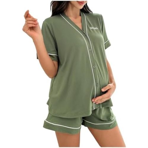 OYOANGLE Women's Maternity Pajamas V Neck Short Sleeve Button Down Shirt and Shorts 2 Piece loungewear