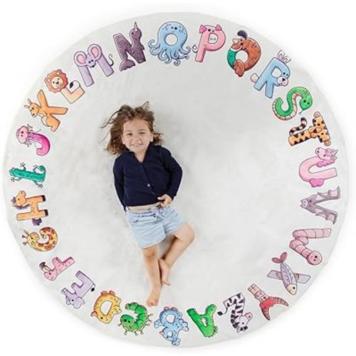 ABC Alphabet Rug for Kids – 6 ft Round White Play Mat for Toddlers & Babies, Soft Nursery Decor for Learning Letters, Classroom & Playroom Area Mat