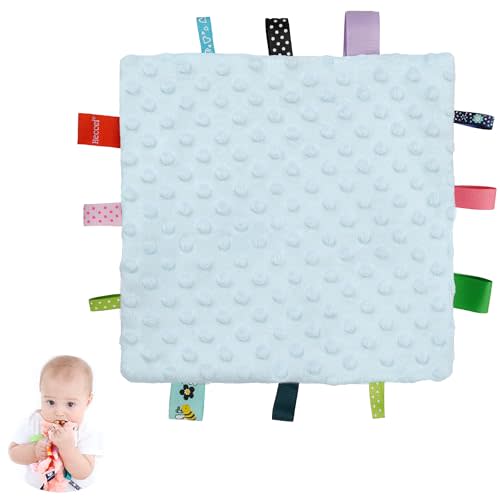 HECCEI Baby Tags Security Blankets - Baby Soothing Plush Blanket with Colorful Tags, Square Sensory Toys, 10 x 10 inches, for 3-12 Months Babies(Blue)