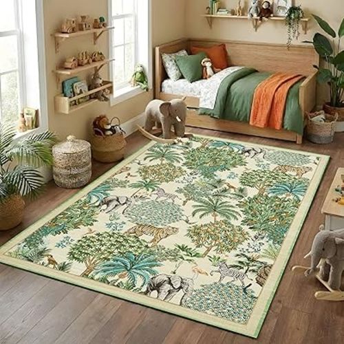 GarveeHome Jungle Animal Print Rug 4x6 Washable Area Rugs for Living Room, Forest Rug Non Slip Soft Low Pile Stain Resistance Throw Carpet for Bedroom Kids Playroom Nursery Beige