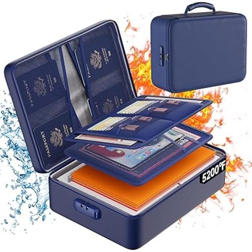 DocSafe 5200°F Document Organizer with Lock,Upgraded Heat Insulated Fireproof＆Waterproof Box 8 Layers File Organizer,Portable Home Travel Safe Storage for Important Documents, Files,Blue (Soft)