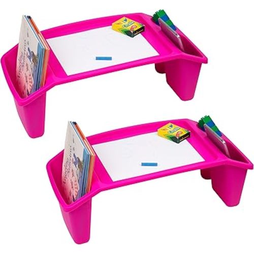 Mind Reader Kids Lap Desk, Portable Activity Tray with Side Storage, Stackable Plastic Desk for Drawing, Snacks, Study, Set of 2, Pink