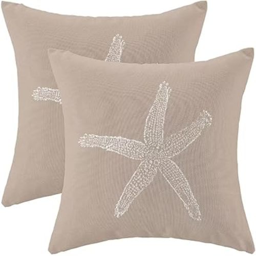 AEIOAE Coastal Pillow Covers 18 X 18 Inch Set of 2, Brown Tan Starfish Throw Pillow Covers Beach Pillowcase Linen Nautical Decor for Indoor Outdoor Home Sofa Bedroom Living Room