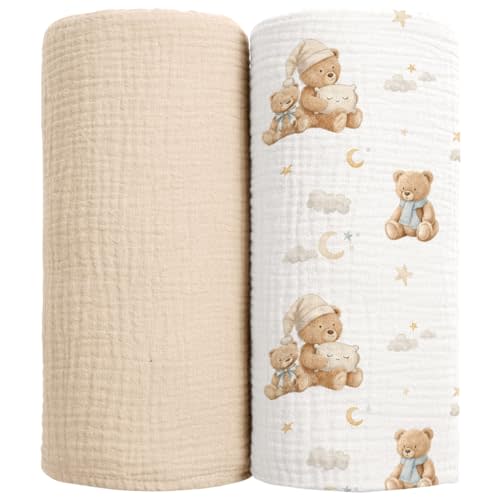 lulumoon Muslin Swaddle Blankets for Baby: 100% Cotton Receiving Blankets | Breathable Wrap for Newborn Swaddling - Nursery Gift for Baby Neutral (Bear)
