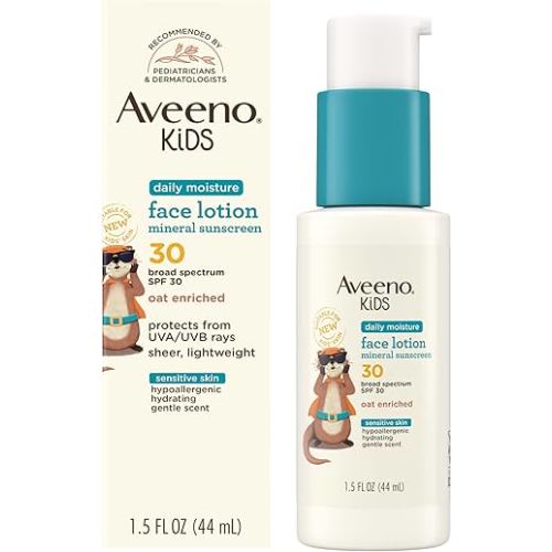 Aveeno Kids Daily Moisture Face Lotion & Mineral Sunscreen with SPF 30, Oat Enriched Face Moisturizer for Kids & Broad-Spectrum Sun Protection for Sensitive Skin, Hypoallergenic, 1.5 fl. oz