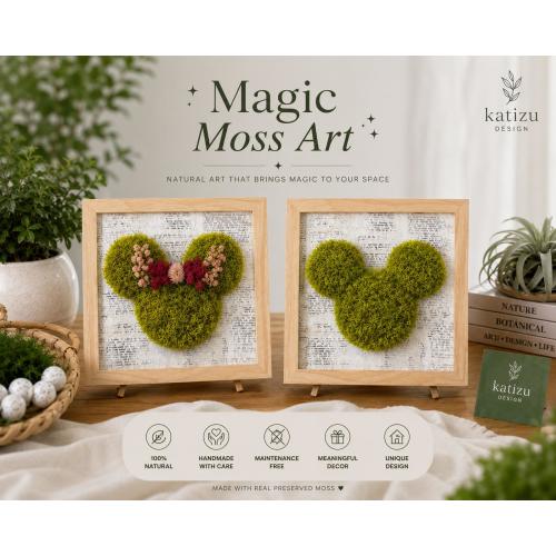 Vintage Moss Wall Art, Mickey Inspired Silhouette Frame, Whimsical Kids Room Decor, Magical Nursery Gift, No Maintenance, Wall Mount & Table