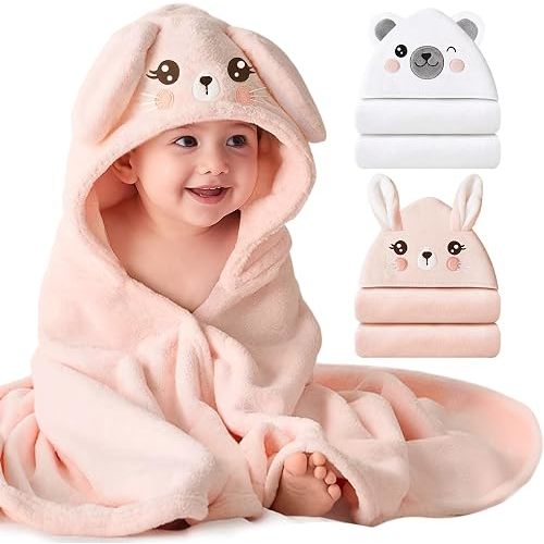 Konssy 2-Pack Hooded Baby Towels, Plush Fleece Animal Bath Towel with Hood