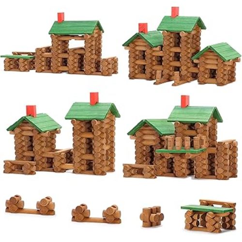 SainSmart Jr. 665 PCS Wooden Log Cabin Set Building House Toy for Toddlers, Classical STEM Construction Kit Compatible with Lincoln Logs for 3+ Kids
