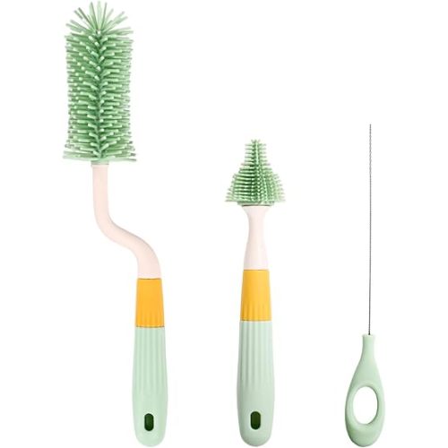 3-Pack Silicone Baby Bottle Brush, Bottle Cleaner, with Convenient Hang Up, Food Grade Silicone, Effortless Scrubbing Cleaning Brushes for Long Narrow, Sports, Baby Bottles (Green)