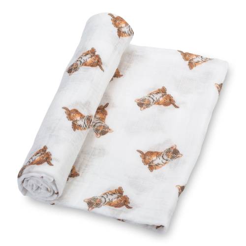 LollyBanks Muslin Swaddle Blanket – 100% Cotton Baby Wrap 47”x47”, Soft Newborn Receiving Blanket, Nursery Essential (Baby Tiger Print)