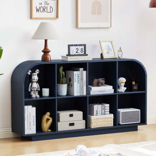 Weselon 55" Long Curved Horizontal Bookcase with 8-Cube Storage, Mid-Century Modern Low Bookshelf Storage Cabinet for Living Room, Entryway, Blue