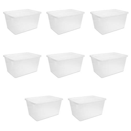 Sterilite 58 Quart Storage Box, Clear Plastic Storage Bin with Snap-on Lid, White, 8 Count