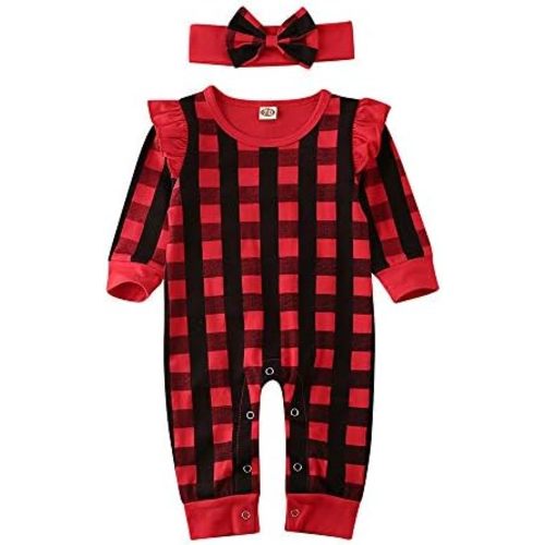 Infant Baby Girls Ruffle Plaid Jumpsuit Romper Long Sleeve One Piece Outfit Fall Winter Christmas Clothes