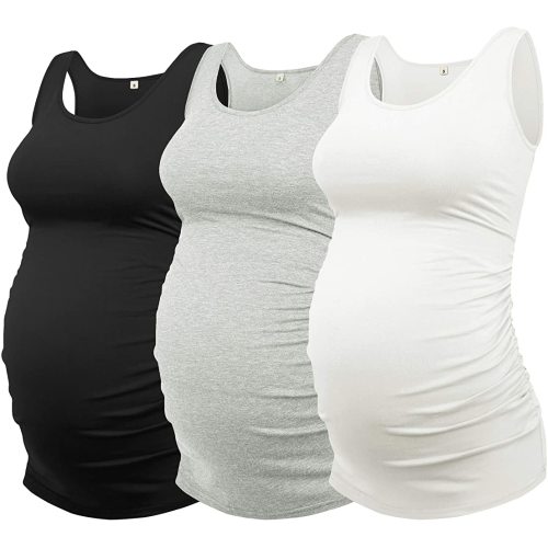 AMPOSH Womens Maternity Tank Tops 3 Pack Cotton Sleeveless Ruched Side Pregnancy Postpartum Shirts Soft Stretch Basic Top