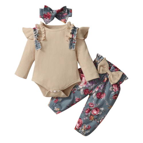 Baby Girls Clothes Long Sleeve Ruffles Romper Bodysuit Floral Print Pants Headbands Outfits Sets 6 Months