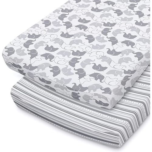 The Peanutshell Baby Girl or Boy Changing Pad Covers Set of 2 - Ultra Soft, Plush Baby Changing Pad Cover - Durable, Machine Washable Sheets - Elephant & Stripes