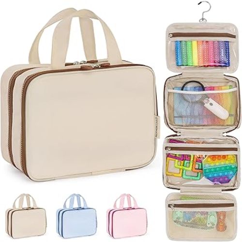 Kids Travel Organizer – Multi-Compartment, Water-Resistant Hanging Bag for Toys, Snacks, & Activities - Compact, Lightweight Design with Hook & Carry Handle - Perfect for Travel Use (Beige, Small)