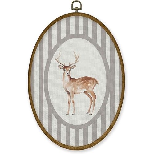 JMENGSSFL Deer Animal Nursery Oval Wall Art Decor, Rustic Forest Animal Canvas Prints, Neutral Forest Deer Framed Wall Art for Kids Toddler Boy Girl Nursery Room Bedroom Playroom Decor, 8.6x11.4 Inch