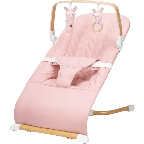 Portable Baby Bouncer, Bouncer Seat for Babies 0-12 Months, 3 Recline Positions, Foldable Baby Rocker Chair with Removable Wooden Toy Bar, Pink
