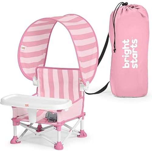 Bright Starts Pop 'N Sit Cabana Baby Beach Portable Booster Chair with UPF Canopy, Floor Seat for Indoor/Outdoor Use, Compact Fold, Pink, 6 Months–3 Years