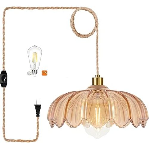 Plug in Pendant Light Hanging Lights with Plug in Cord Mid Century Modern Gold Hanging Lamp Glass Vintage Dimmable Flower Chandelier Ceiling Fixture for Living Room,Kitchen,Boho