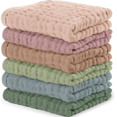 Comfy Cubs Muslin Baby Washcloths 6 Pack - Soft 6-Layer Cotton Wash Cloths for Sensitive Skin - 10"x10" Large, Gentle, Absorbent Infant Essentials for Newborn and Toddlers - Multicolor
