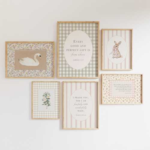 Christian Nursery Wall Art Set, Vintage Cottagecore Baby Girl Gallery Prints (Digital Download)