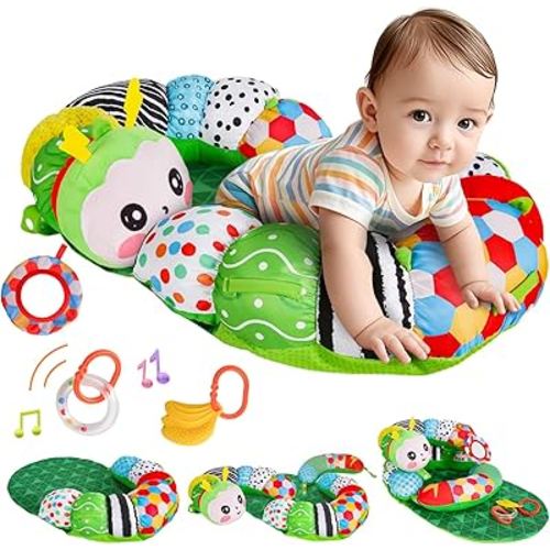 3-in-1 Tummy Time Pillow for Baby 0-6 Months, Detachable Caterpillar Tummy Time Playmat for Newborns, Soft Baby Toys 0-3-6-12 Months, Play Mat for Babies Boy Girl