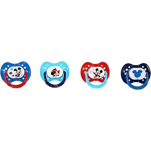 Disney Mickey Mouse (Star Boy) Pacifiers, 4 Pack, 0-6 Months Baby Girls and Boys, Various Colors, BPA Free Silicone Dishwasher Safe Binkies