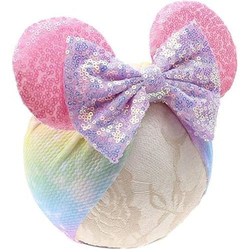 JIAHANG Baby Mouse Ear Turban Head Wraps with Sequin Bow, Colorful Rainbow Headwear, Hair Bows Headbands Stretchy Hair bands for Infant Toddlers Girls (rainbow 2)
